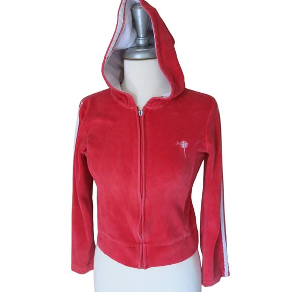 VINTAGE Velour Hoodie Crop Jacket Size M Red White Trim Palmetto Tree Carolina - Picture 1 of 5
